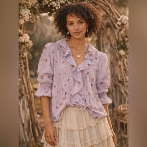 Sundance Lavender Floral Ruffle Cotton Blouse – Boho Prairie Romantic XXL